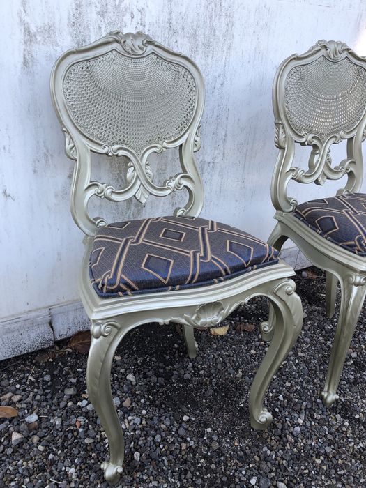 Pereche scaune vintage reconditionate gold aurii violet