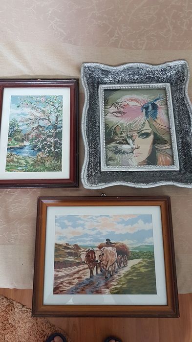 Goblenuri car cu boi si primăvară cu pomi infloriti