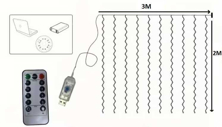 Коледни LED лампички завеса – 3x2м, дистанционно и USB с 8 програми