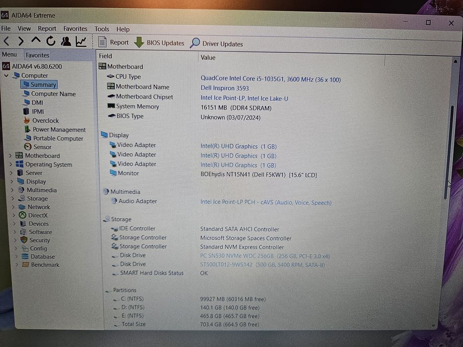 Laptop Dell (i5 1035g1, 16gb ram, 256gb ssd, 500gb Hdd)