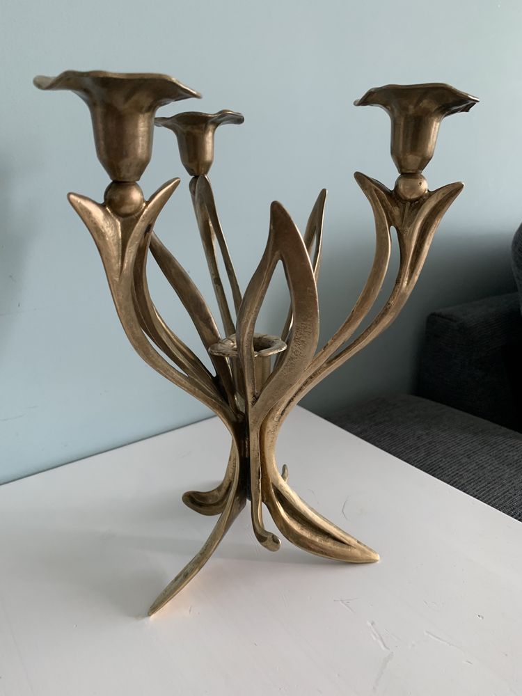 Винтидж месингов флорален свещник в стил Art Nouveau / 70-те