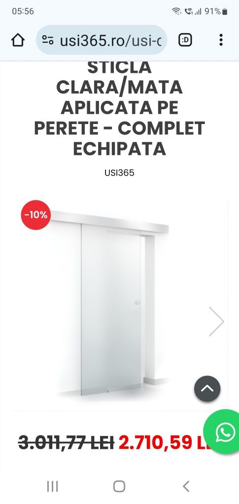 Usa glisanta din sticla mata aplicata pe perete - complet echipata
Us