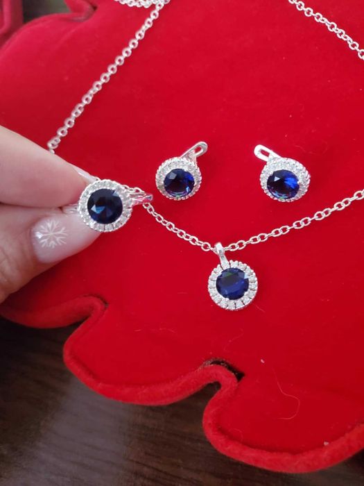 AG33,set argint 925,nou/marcat,4 piese, zirconiu alb/safir,ideal cadou