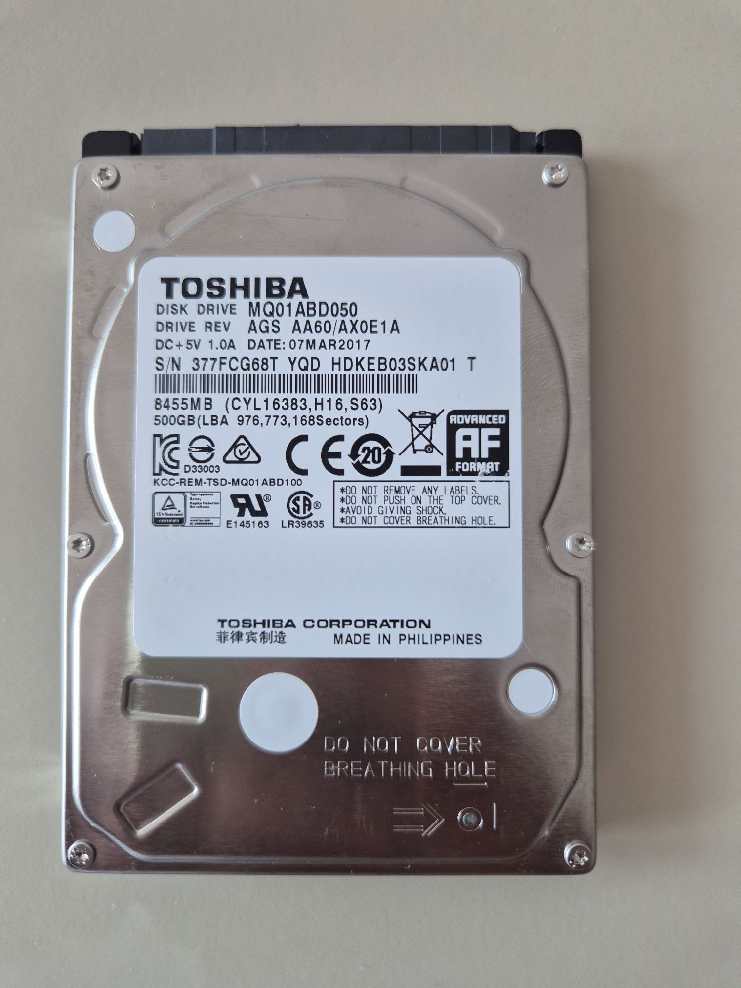 Vând Hard Disk Laptop Toshiba MQ01ABD050, 500GB, 5400 rpm, 8MB, SATA 3