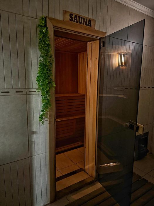 Sauna pe lemne, bazin cu apa