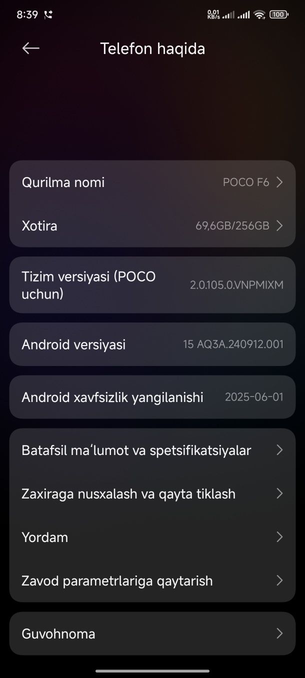 Poco F 6 12/256GB sotiladi!!!
