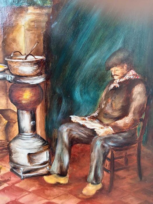 Tablou vechi - interior rustic - semnat indescifrabil