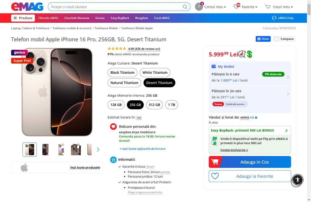 iPhone 16 Pro 256GB desert gold 100% bat. neverlocked garantie 2027