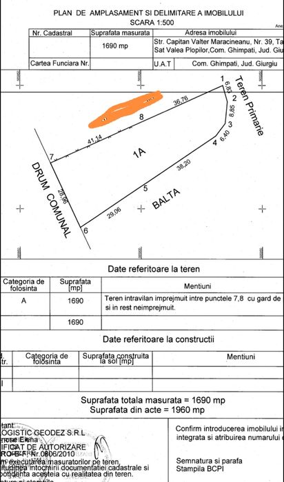 Teren intravilan de vânzare Sat. Valea Plopilor, jud Giurgiu