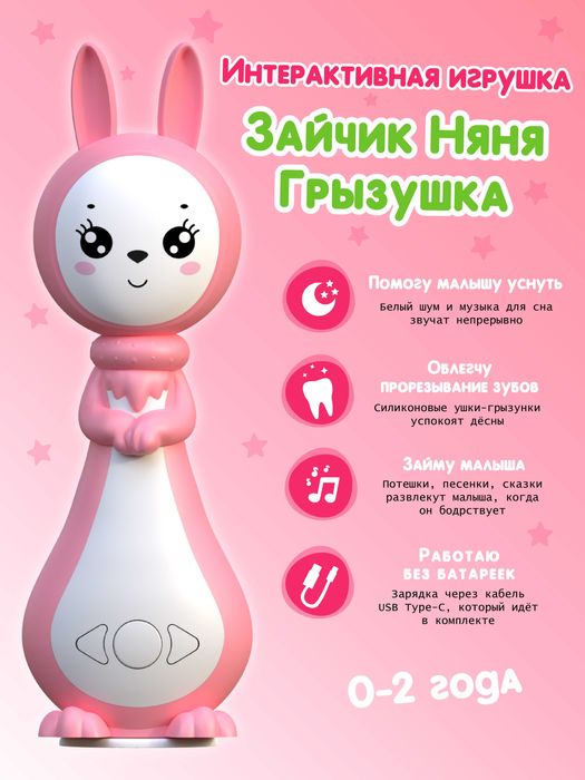 Интерактивная игрушка для детей Зайчик Няня Грызушка Розовый
