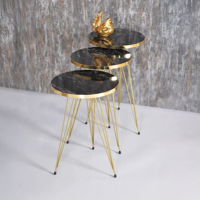 Комплект 3 маси за кафе, помощна масичка - черно/ златно