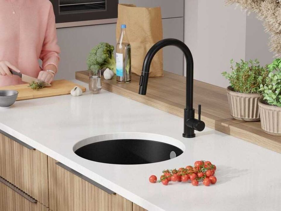 Черна кръгла кухненска мивка за вграждане под плот Валета 50 460x460 м