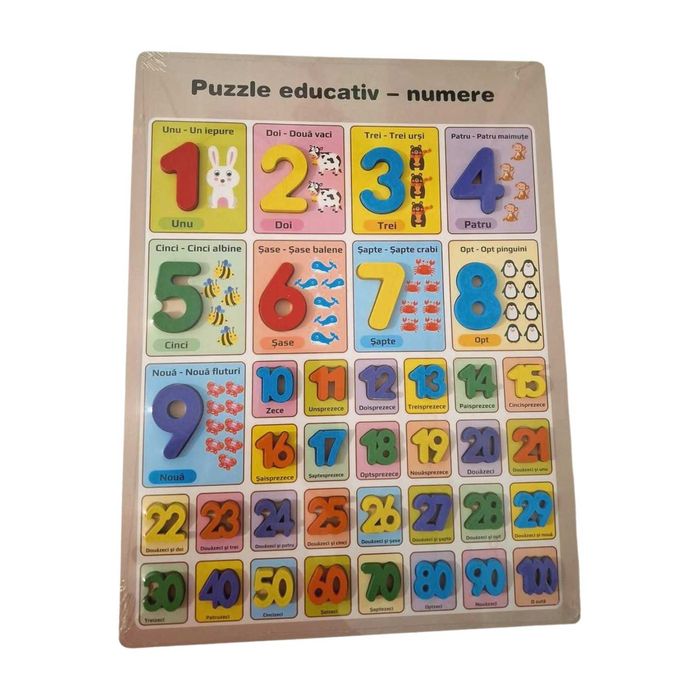 Puzzle educativ din lemn cu 37 de piese, tematica numere si simboluri