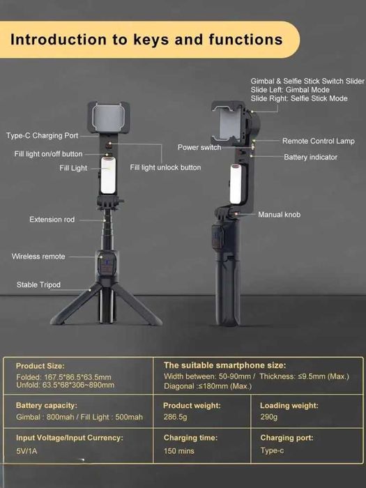Stabilizator GIMBAL cu 2 axe + selfie stick cu lumina de umplere A10