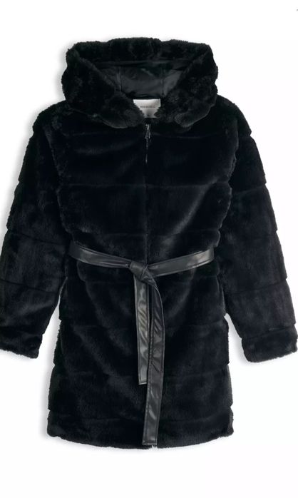 Черно палто от изкуствена кожа с качулка