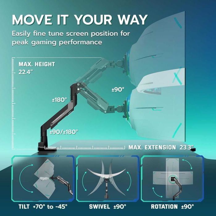 ARES WING газово пружинно рамо за ултраширок монитор плосък/извит 57"