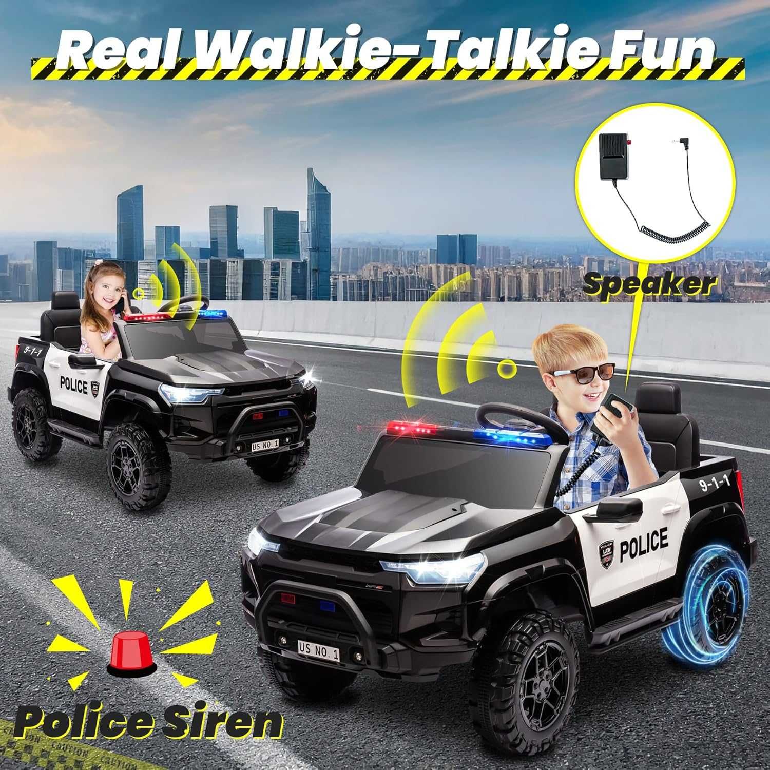 Двуместен акумулаторен джип POLICE 4X4 24V MP3 меки гуми,Кожена седалк