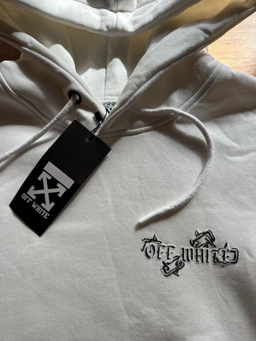 Мъжки,ватиран суитчер OFF White в бяло с голяма щампа на гърба