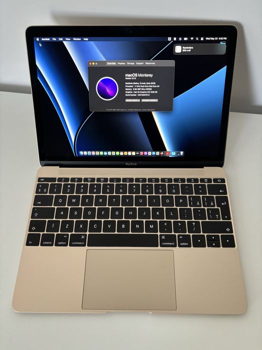 Macbook Gold, intel core M3, retina 12”, 8 gb ram, 256 ssd