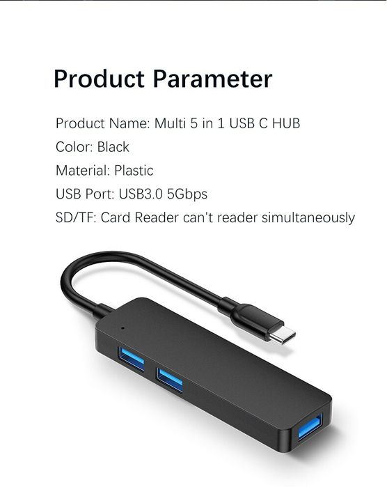 Четец на карти USB C ХЪБ 5 в 1 за мобилен телефон и компютър с SD, TF