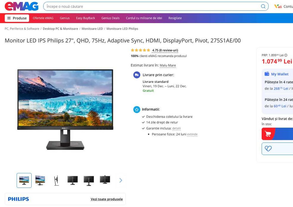 Monitor LED IPS Philips 27" 275S1AE/00 , QHD, 75Hz, HDMI, DisplayPort