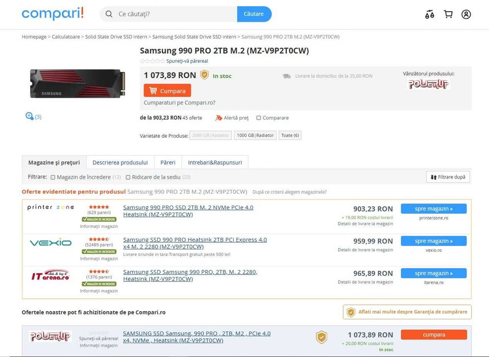 SSD Samsung 990 PRO HeatSink de  2TB PCI Express 4.0 , nou