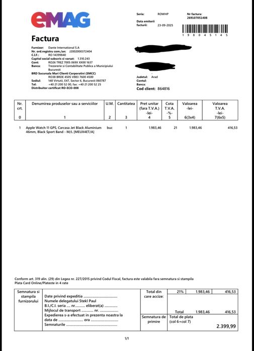 Apple Watch 11 de 46 mm Factura / Garantie eMag folosit 1 lună
