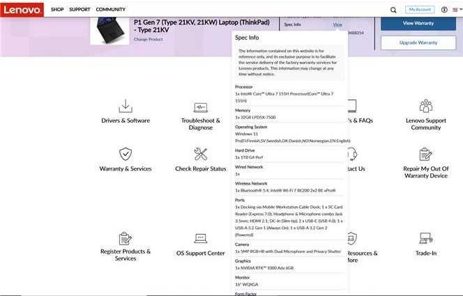Lenovo ThinkPad P1 Gen 7 16”2,5K 500nit RTX A1000 Ultra 7 165H 32/1Tb