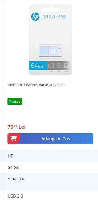 Stick Memorie USB HP, 64GB, Albastru NOU SIGILAT