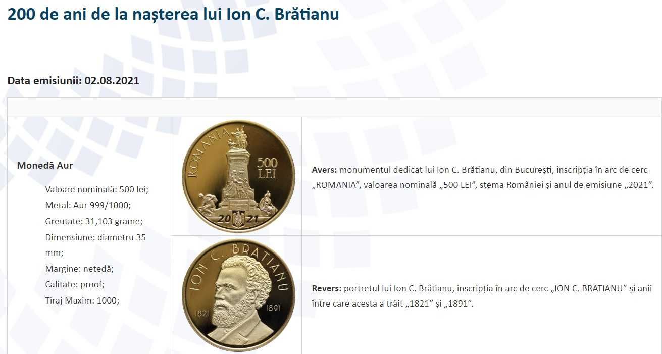 Moneda BNR 500 lei aur, Ion C Bratianu, gradata NGC PF 69