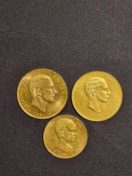 Златна монета 25песети АлфонсоXII 1881,1880,20 песети АлфонсоXIII 1890