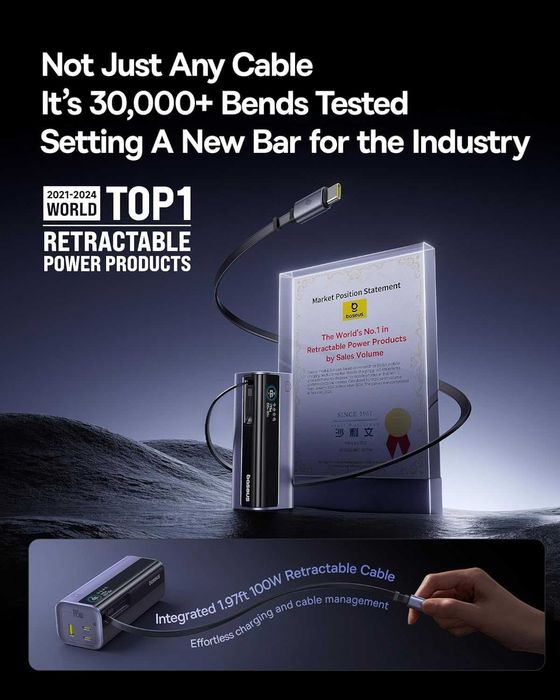 Външна батерия Baseus 20000 mAh, 145 W с вграден прибиращ се кабел