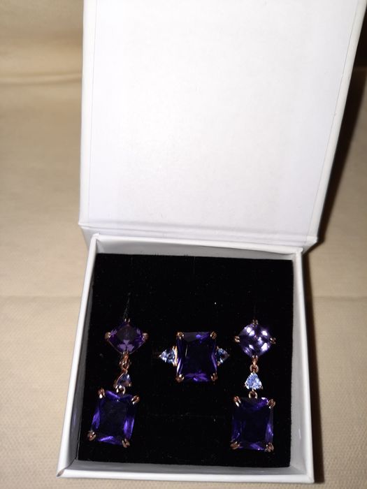 Серьги и Кольцо из Серебра (Два Аметиста и Танзанит), Новые, 19 Размер