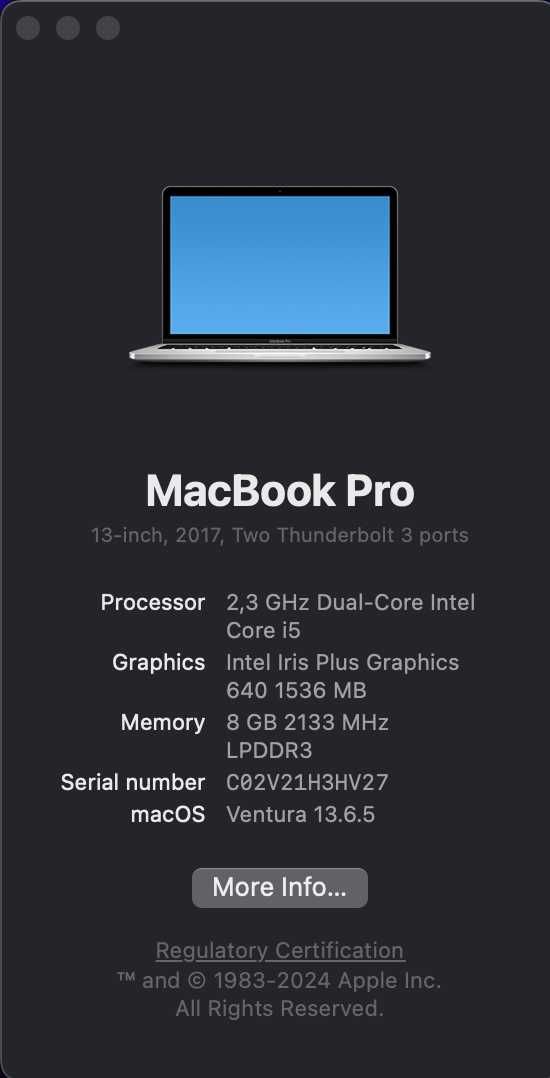Macbook Pro 2017 128GB 2,3Ghz Dual-Core Intel Core i5