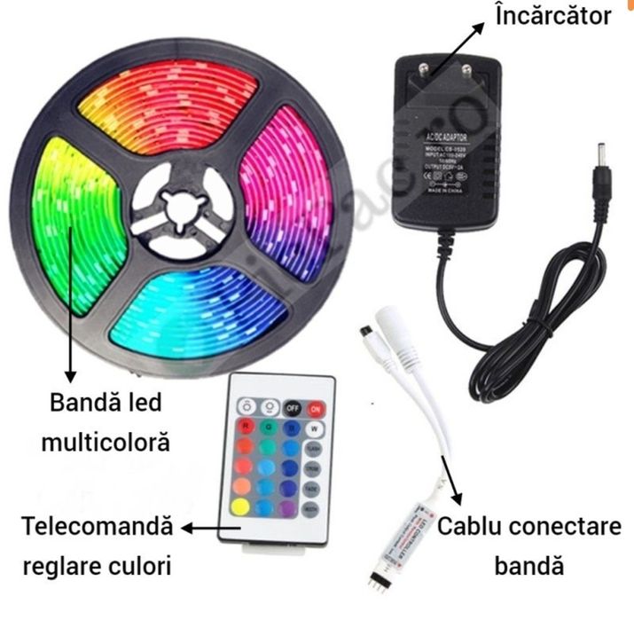 Kit bandă LED RGB 5m cu telecomandă și adaptor priza 220V, ușor de ins