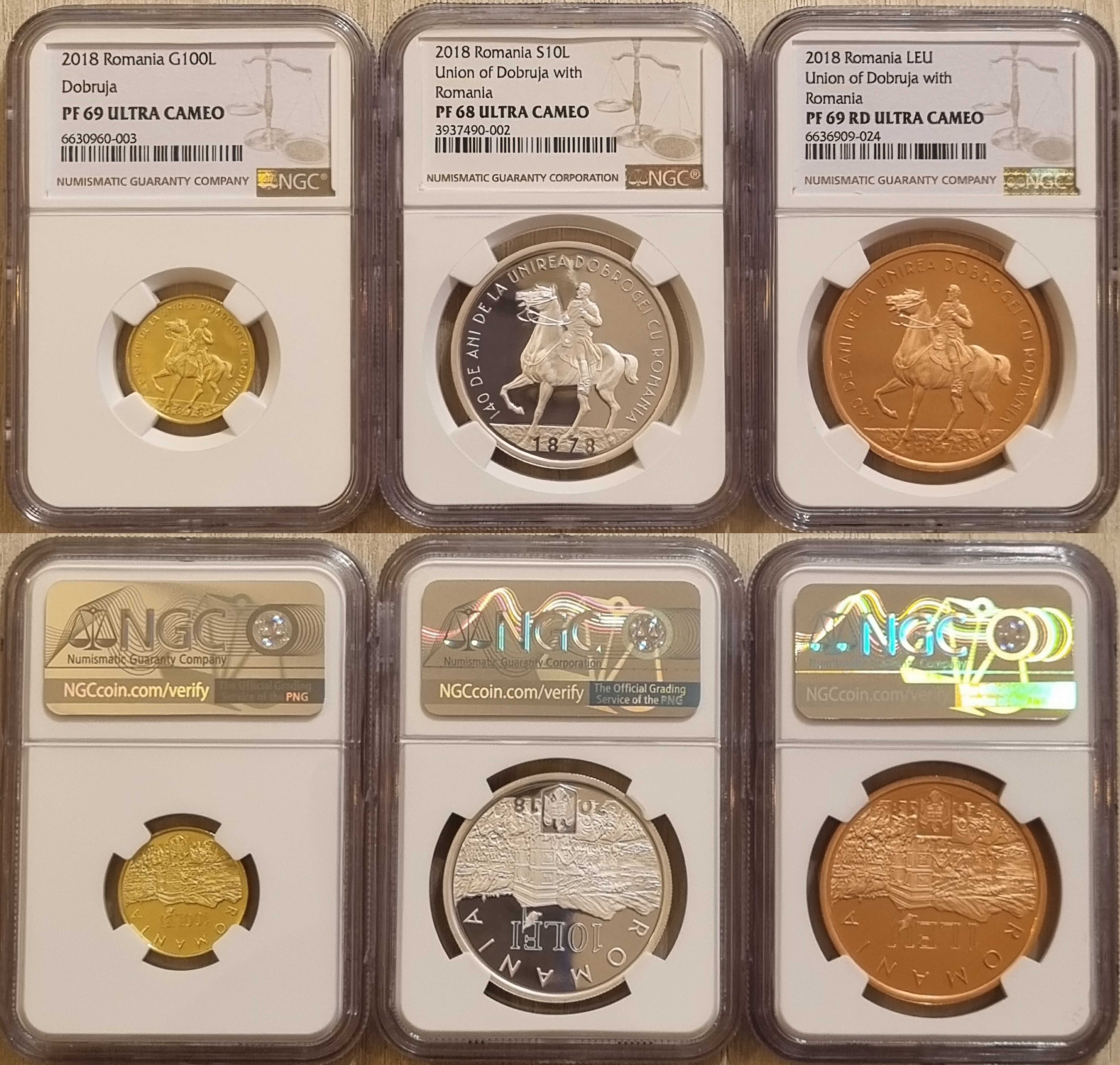 Set monede BNR, aur, argint, tombac unirea Dobrogei gradate NGC