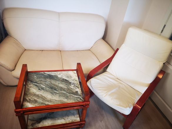 Холна мека мебел кожен диван, кресло и мраморна масичка, Германия