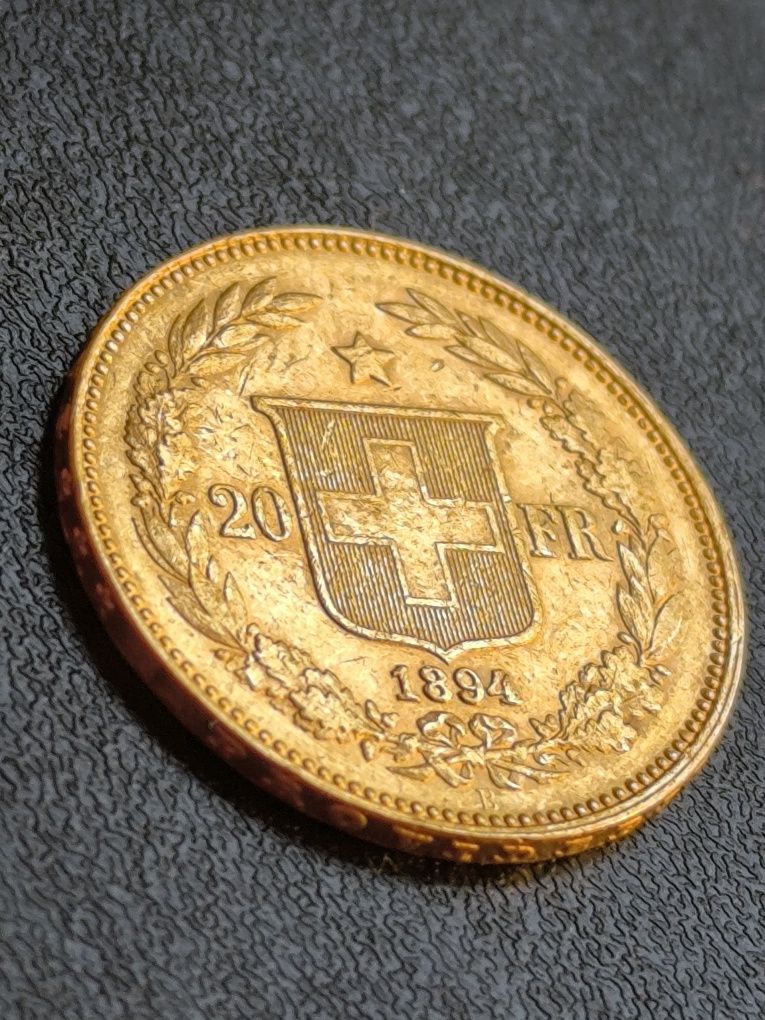 20 франка 1894 год, Стара Швейцария, злато 6.45 гр,900/1000 (21.6 к)