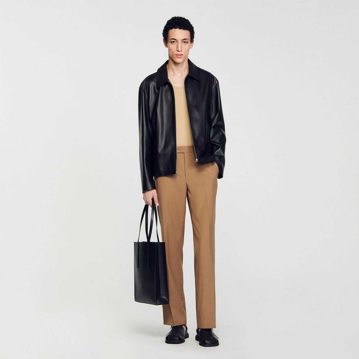 Sandro, Jachetă din piele de miel Blouson Minimal, Negru, M