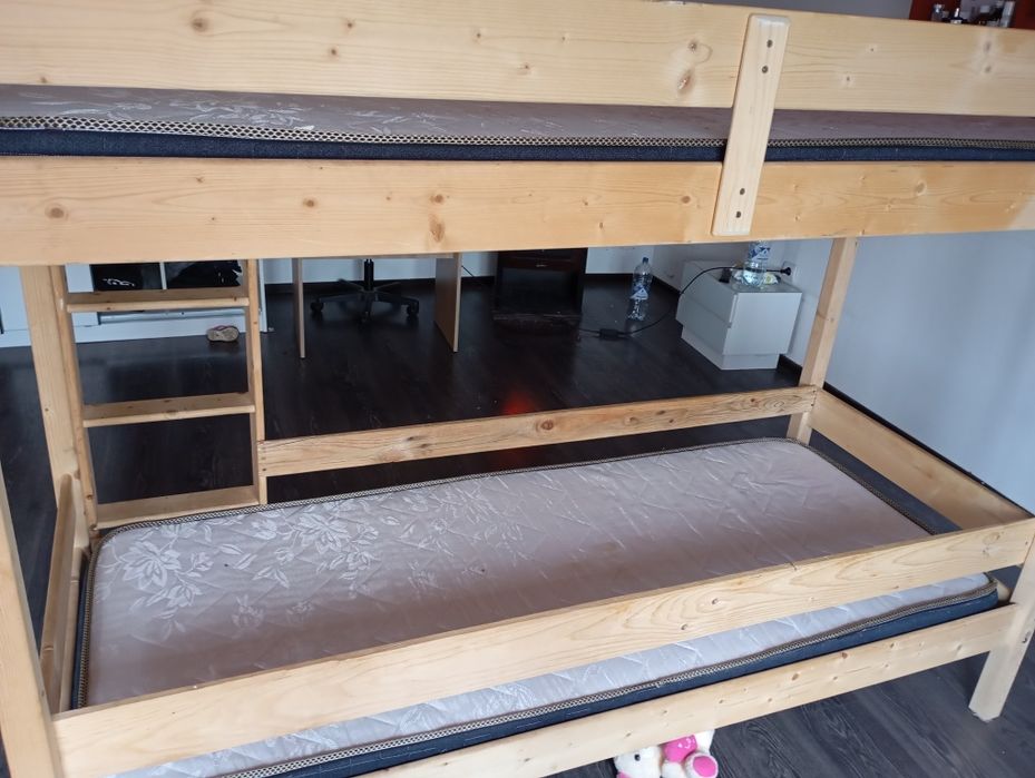 Pat etajat Lemn Masiv, 80x200 cm, Natur + 2 saltele