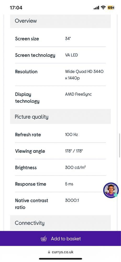 Monitor Samsung "34 inch Wide Quad HD 3440 1440p 100hz