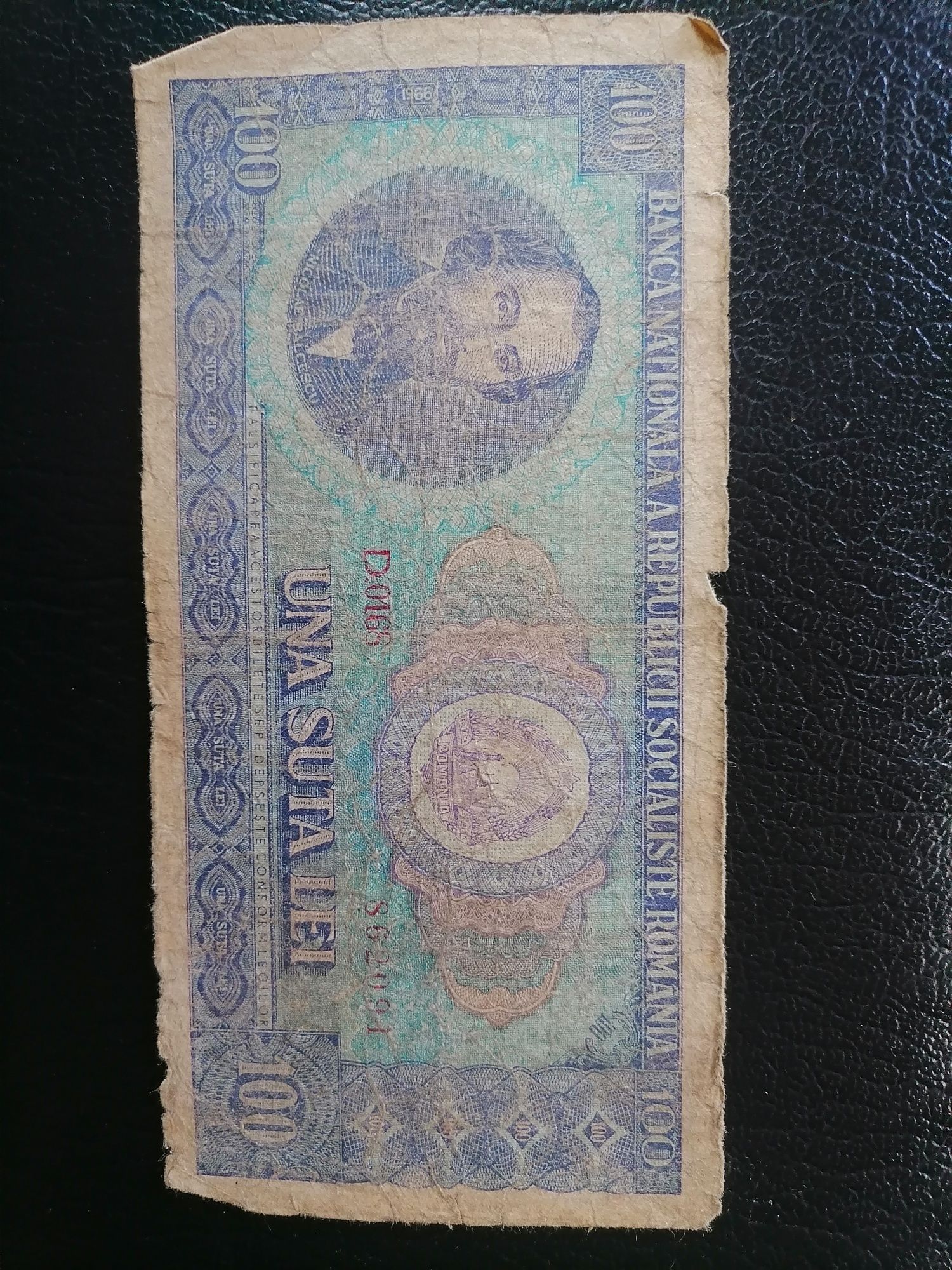 Bncnota 100 lei din 1966 seria D. 0168/862091 cu Nicolae Balcescu.