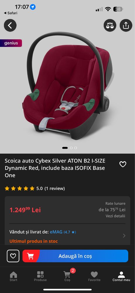 Scoica auto Cybex Silver ATON B2 I-SIZE Dynamic Red+ baza isofix