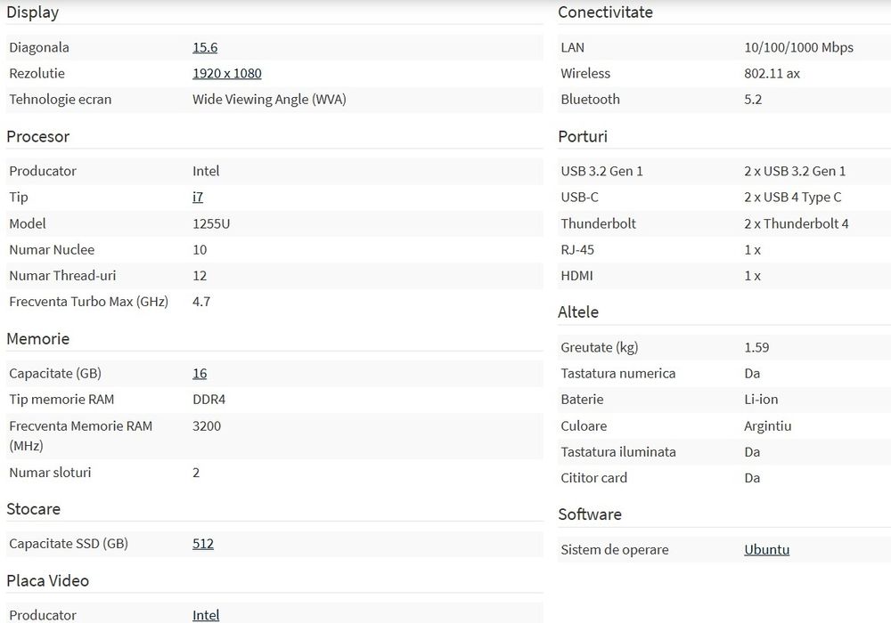 Laptop DELL Latitude 5530 cu procesor Intel® Core™ i7-1255U