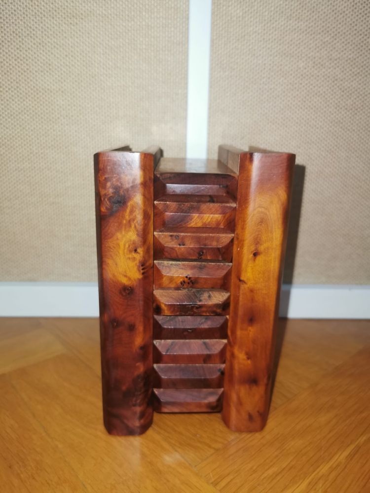 Кутия пъзел за бижута кафява дърво Барлд , Burled Wood Франция 1970 г