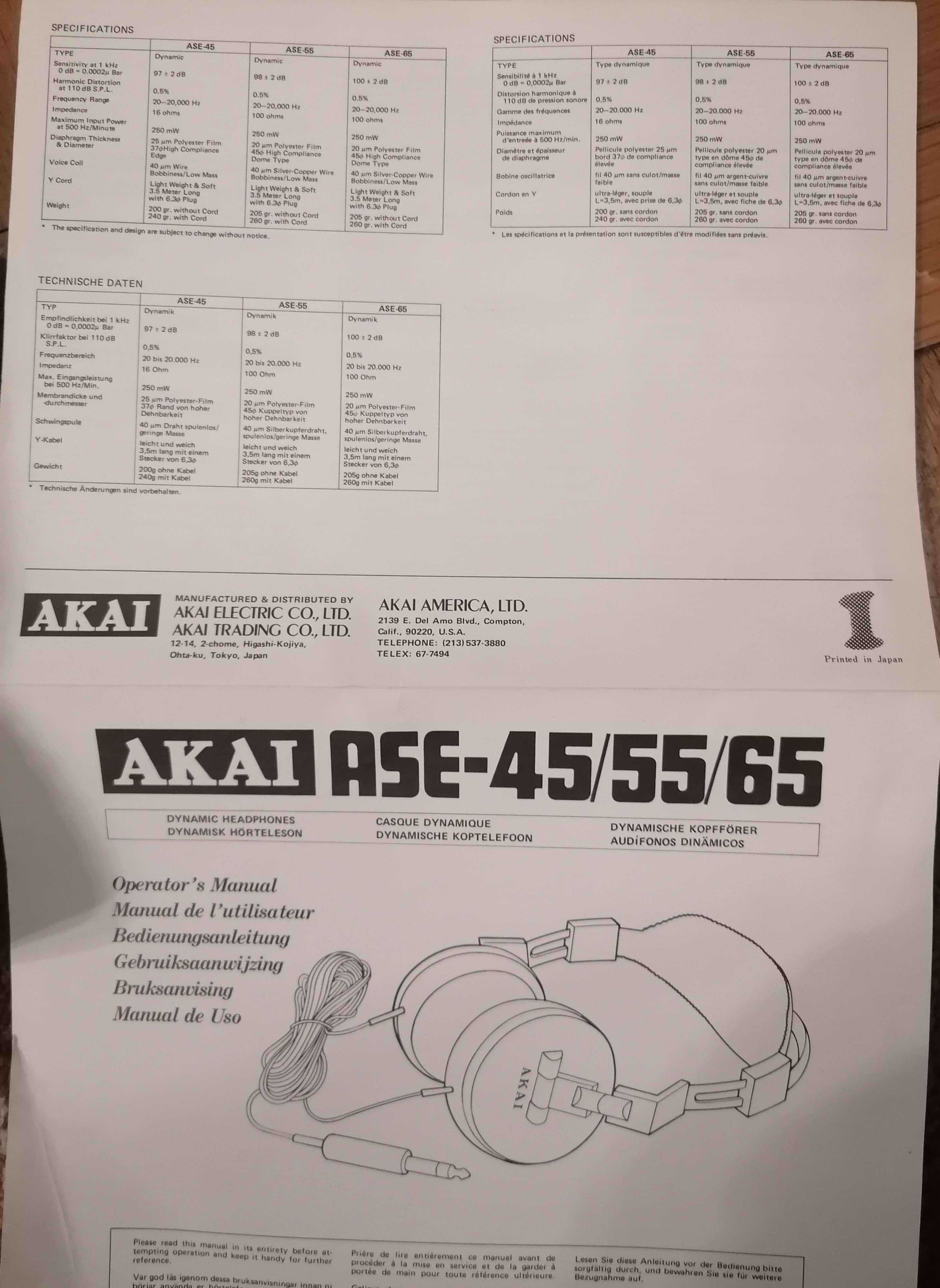 Продавам слушалки AKAI от 80 те, модел ASE-45, японски