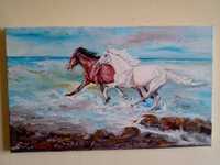 Tabloul "Caii salbatici,mereu impreuna" pictura ulei, panza ,manual