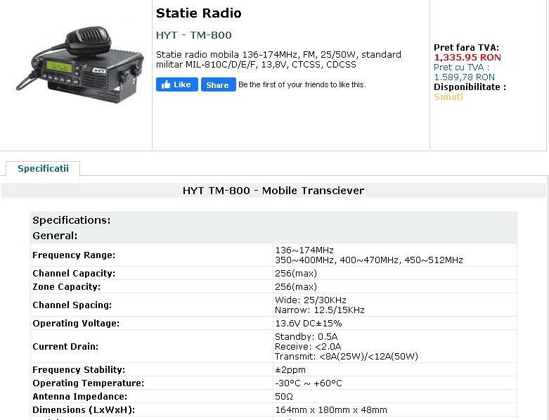 Statie Radio HYTERA HYT TM-800 VHF Taxi