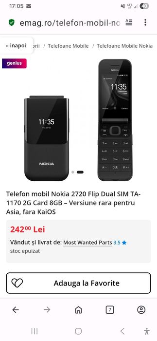 Nokia flip ta 1170 cu taste 2G fara kaiOS