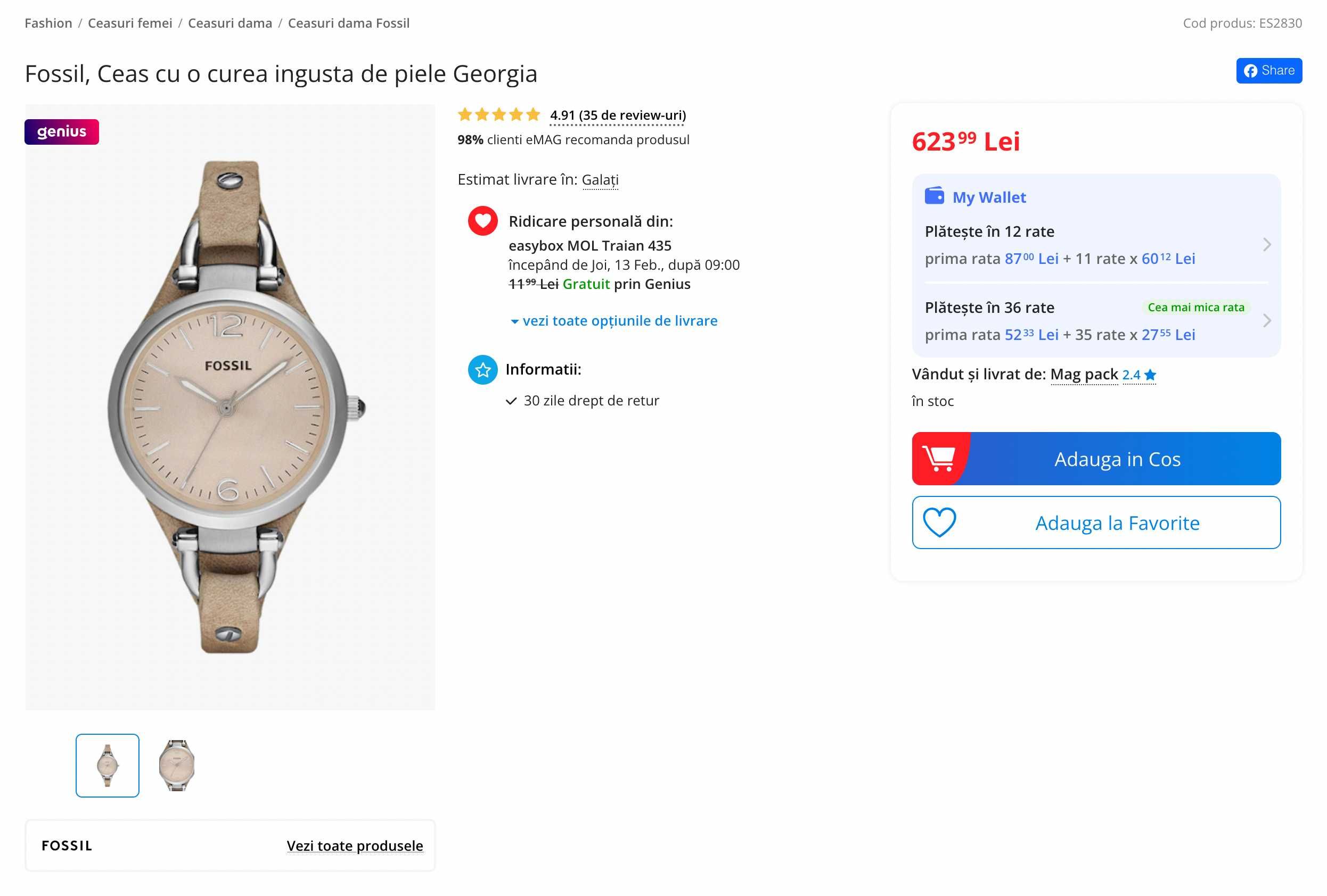Ceas original Fossil Georgia ES2830, cadran crem, curea piele bej/maro